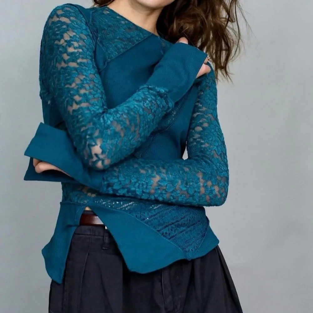 Free People first frost lace layering long sleeve thermal in teal‎ Sz S NWT